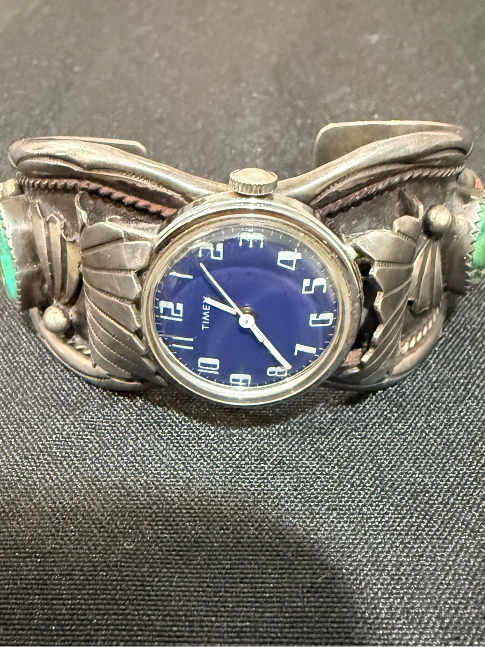 Vintage Timex Blue Dial Sterling Silver Cuff Watch with Turquoise Accents